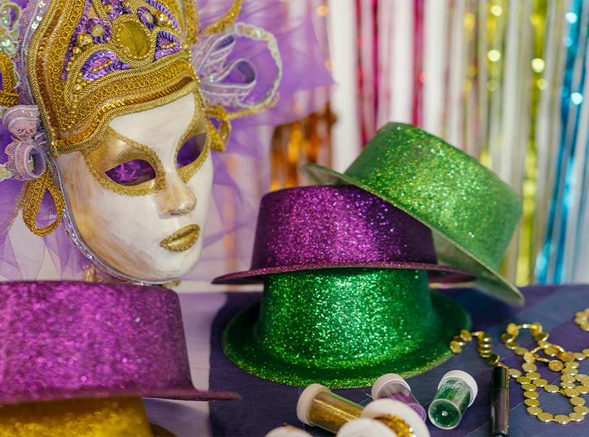 Mardi gras party hats and mask